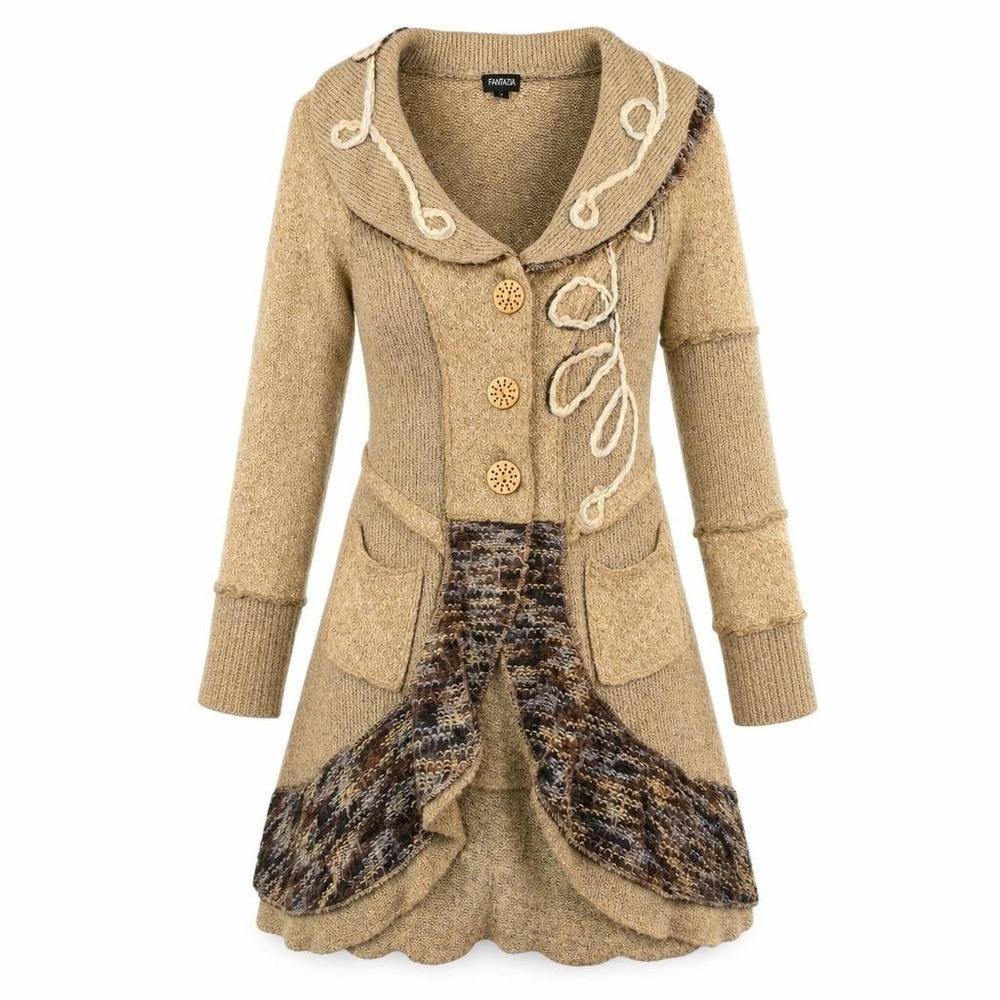 Fantazia Cardigan Womens S Beige Boho Duster Sweater Lagenlook Pockets Ruffle